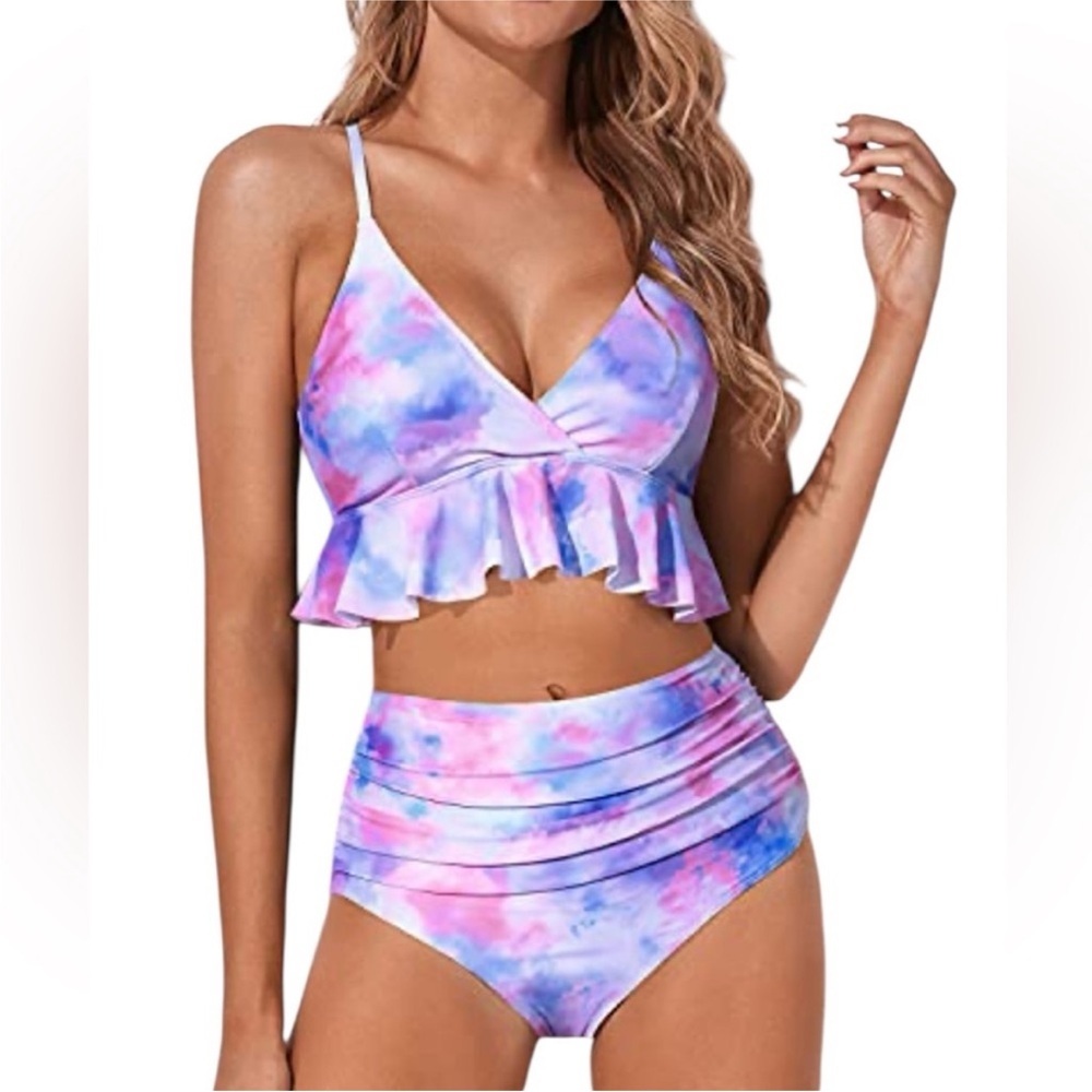 Tempt Me Two Piece High-Waisted Swimsuit with Ruffle and Tummy Control Bottoms.